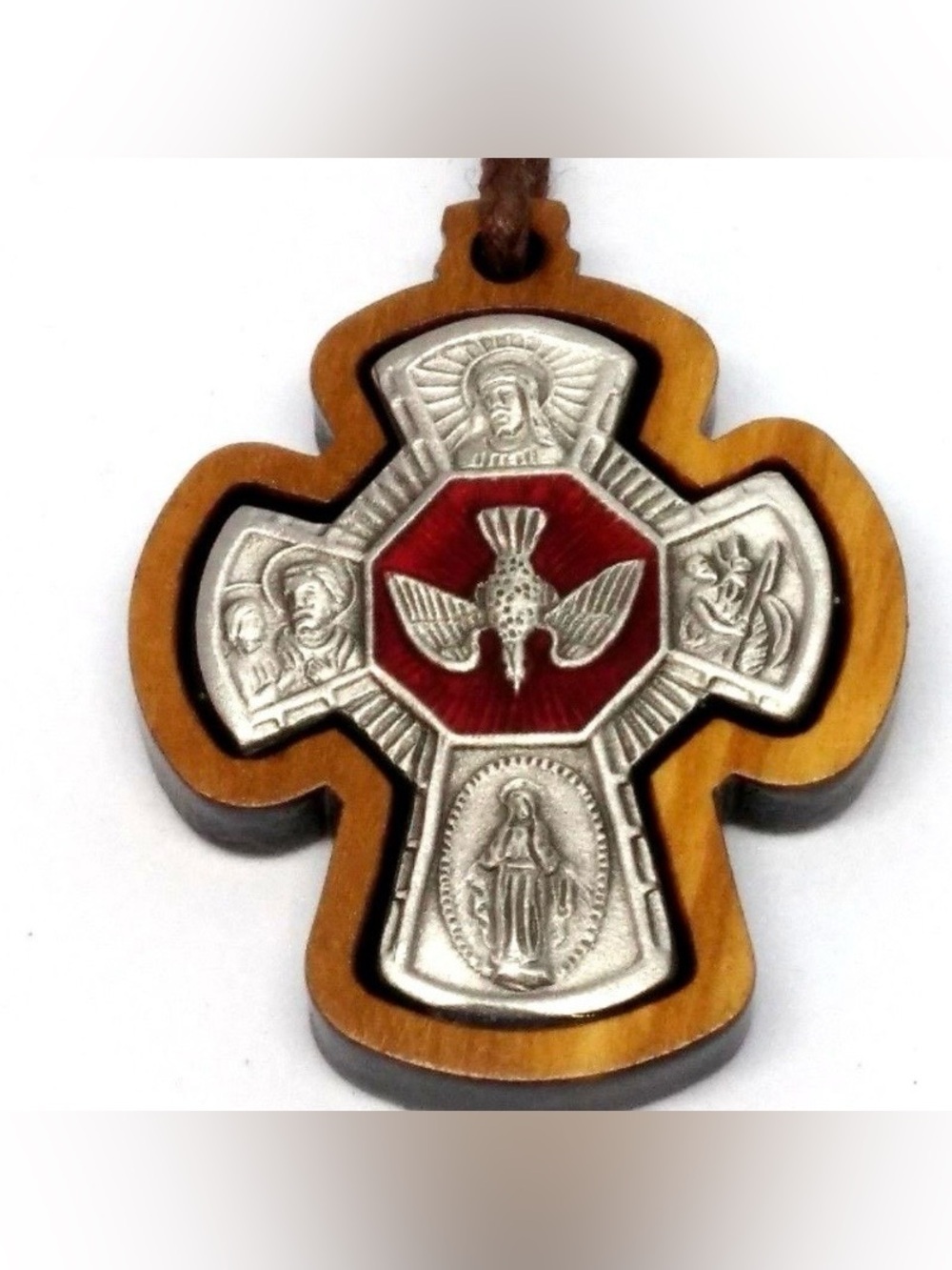 Wood and Metal Religious Cross Pendant in Brown and Silver with Red Accent
